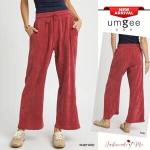 Umgee Adjustable Drawstring Waist Side Pocket Relaxed Fit Wide Leg Pants | Ruby